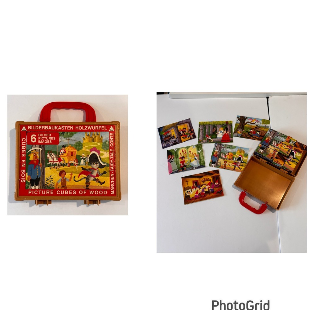 Vintage Eichhorn Wooden Picture Cube Puzzle 6 Fairy Tales West Germany Case 1960